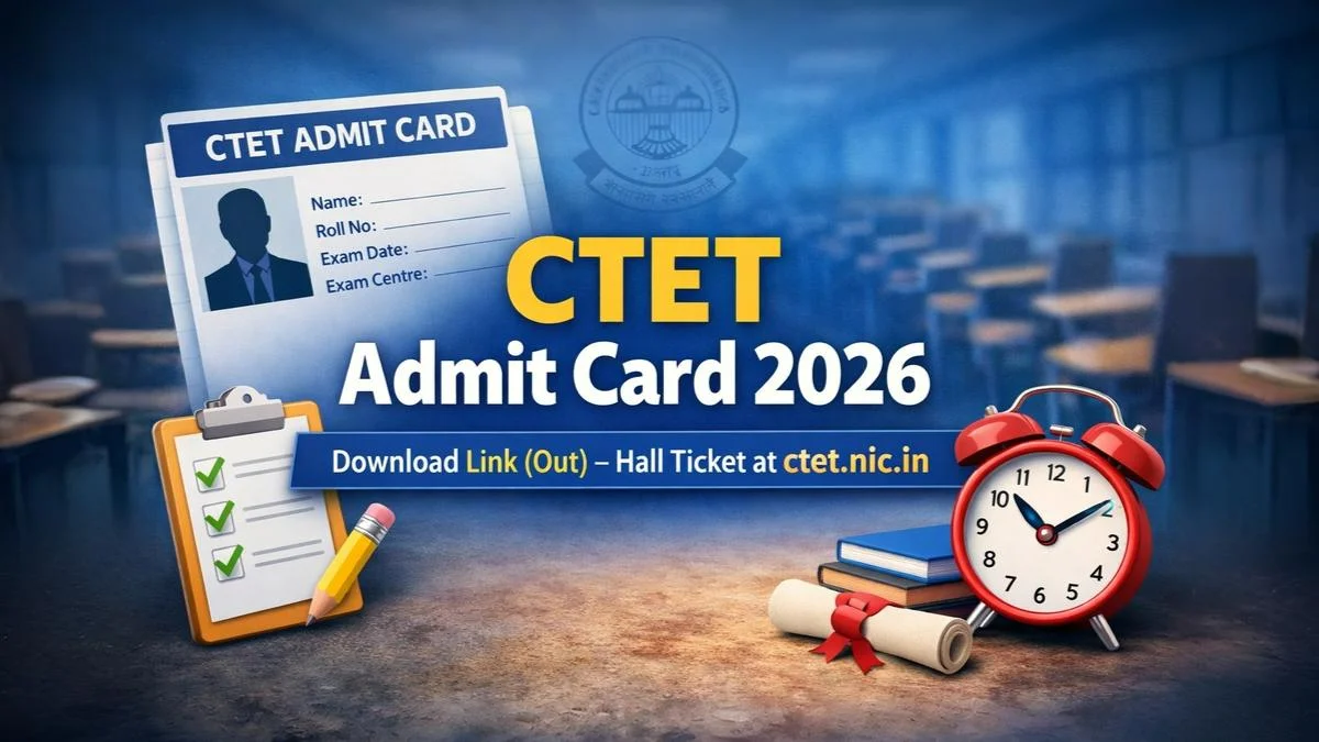 CTET Admit Card 2026 download link banner with exam hall background and ctet.nic.in hall ticket information