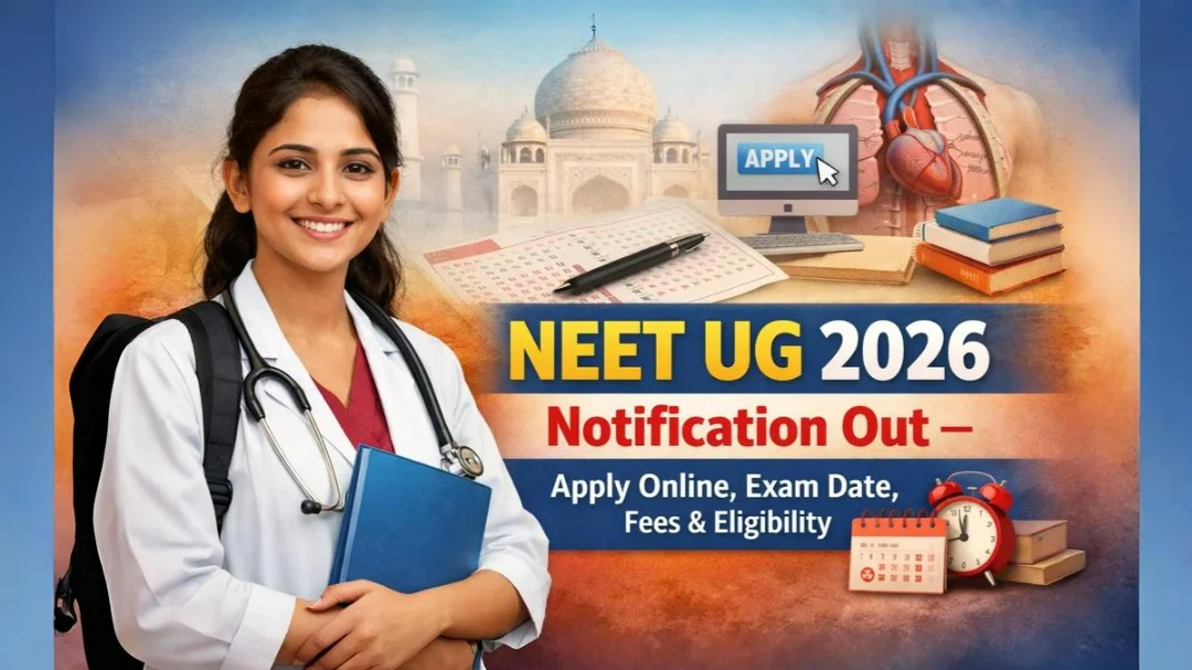 NEET UG 2026 Notification Out banner with medical student, exam form, and application details